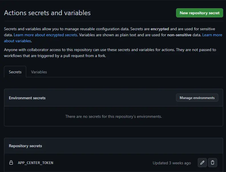 App Center Token in GitHub repository secrets