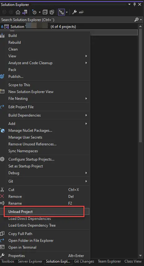 Unload a project in Visual Studio Solution Explorer