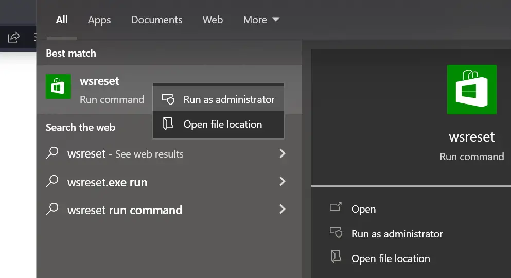 wsreset in Start Menu