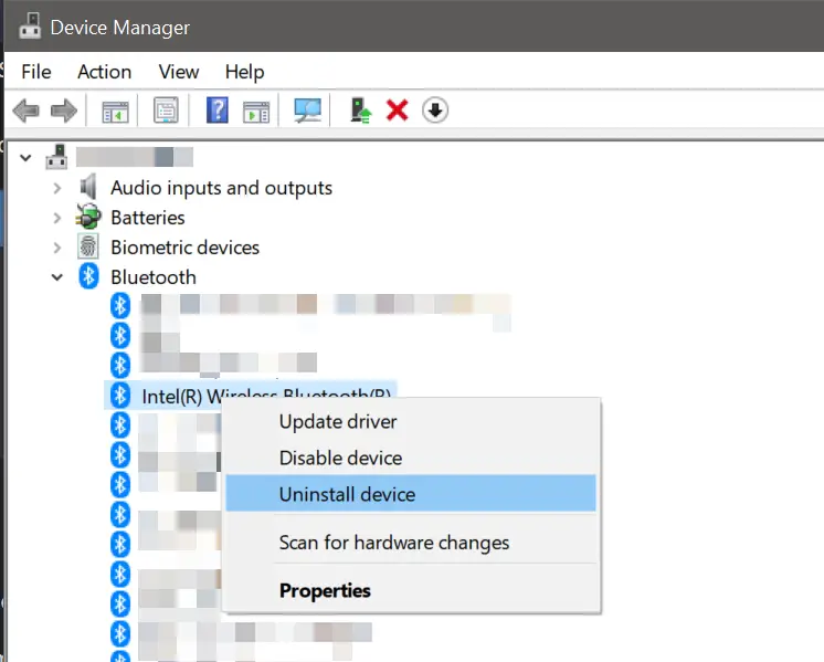 Time to uninstall Intel Bluetooth driver in Device Manager