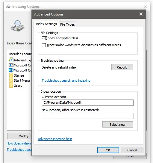How to rebuild the Windows Search service's search index