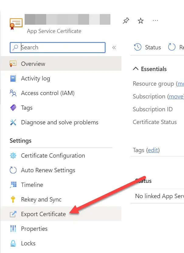 Selecting "Export Certificate" for your Azure App Service Certificate.