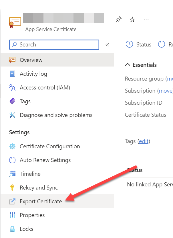 Selecting "Export Certificate" for your Azure App Service Certificate.