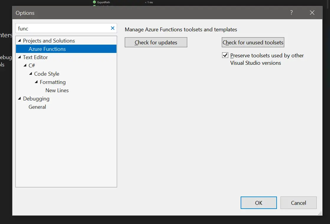 How to update Azure Functions toolset (Azure Functions Core Tools) in Visual Studio
