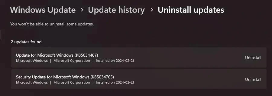 Uninstall Windows Updates