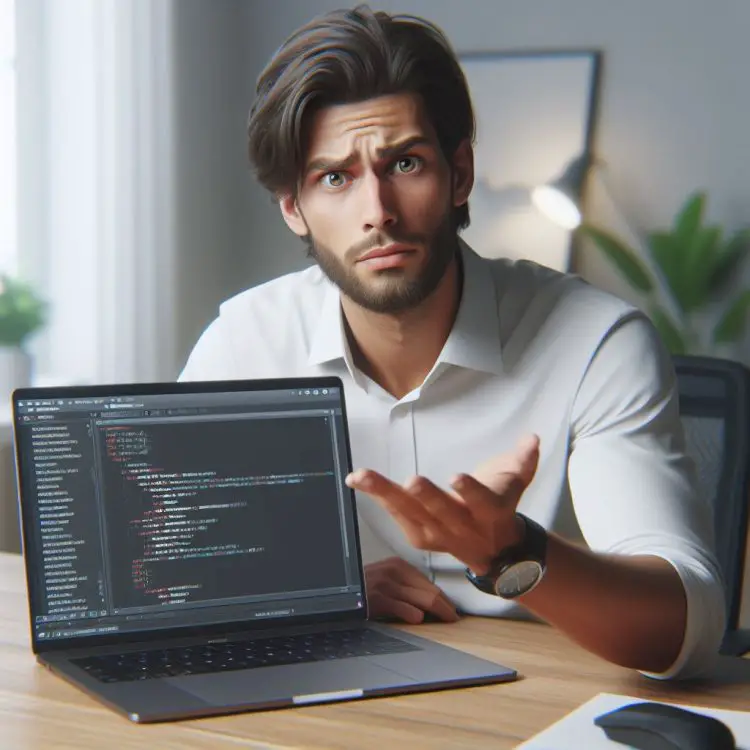 A perplexed software developer is presenting his laptop screen.