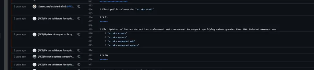 git blame history for the changelog.md file for aks-preview az cli extension reveals I got a 2-3 years old version of the extension with my fresh install of az cli.