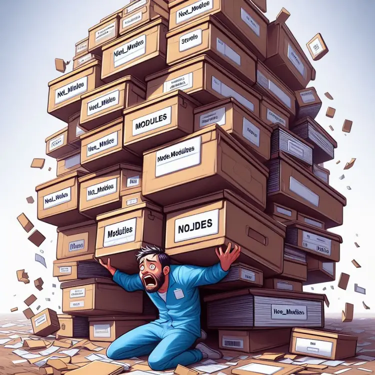 A developer trying to support all of the node_modules on his back