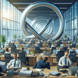 A photorealistic and dynamic illustration of an office setting with incredibly bored workers and an infinite loop that looks very loopey